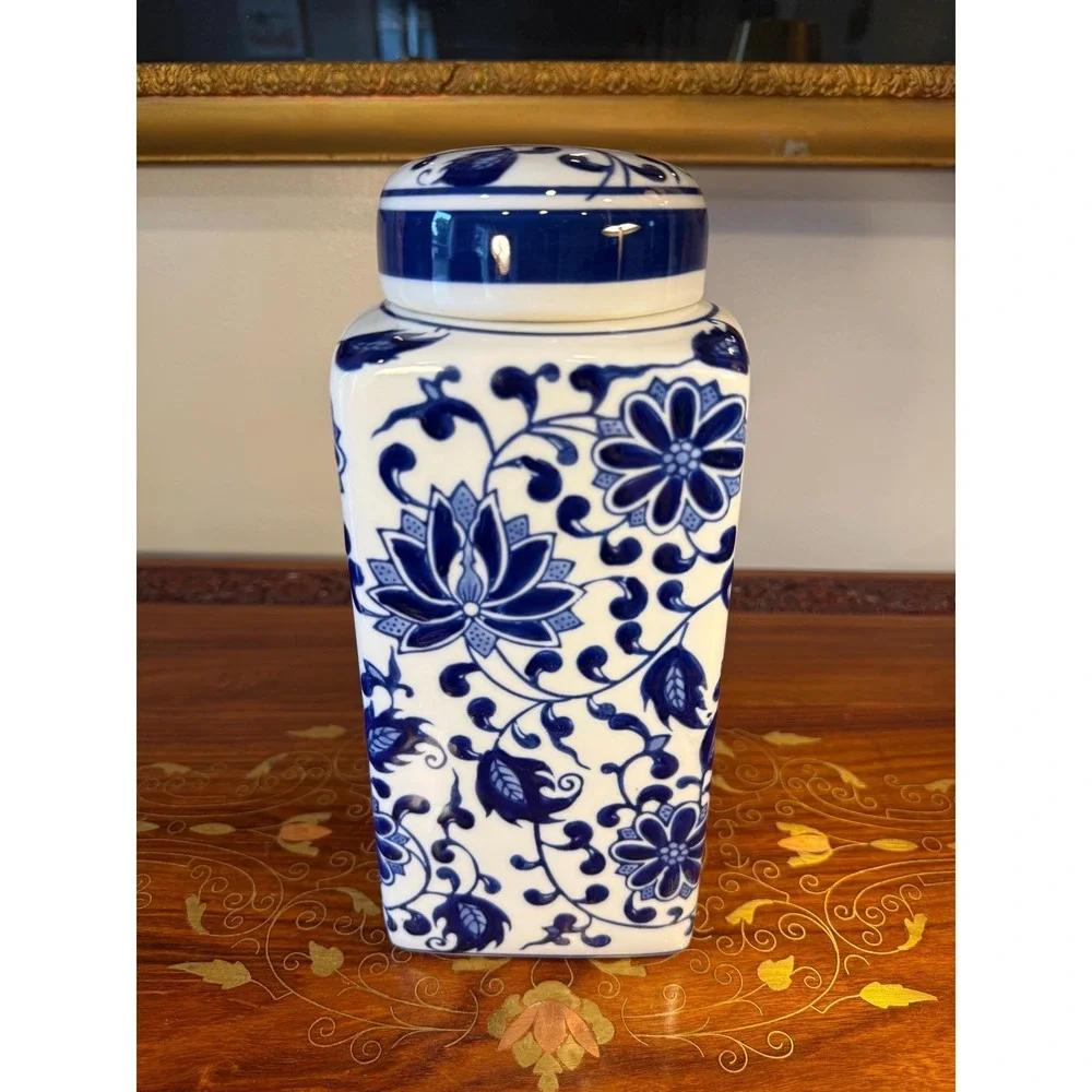 Vintage Bombay Blue & White Porcelain Ginger Jar • Lotus Floral Lidded Jar